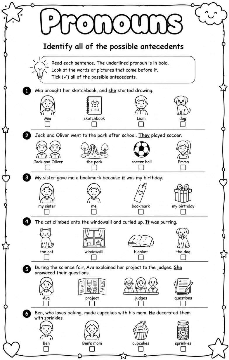 Identify all of the possible antecedents — free printable Grammar and mechanics English worksheet