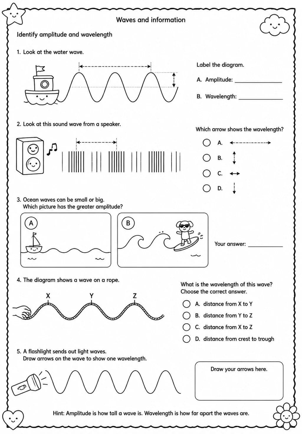 Identify amplitude and wavelength — free printable Grade 4 Science worksheet