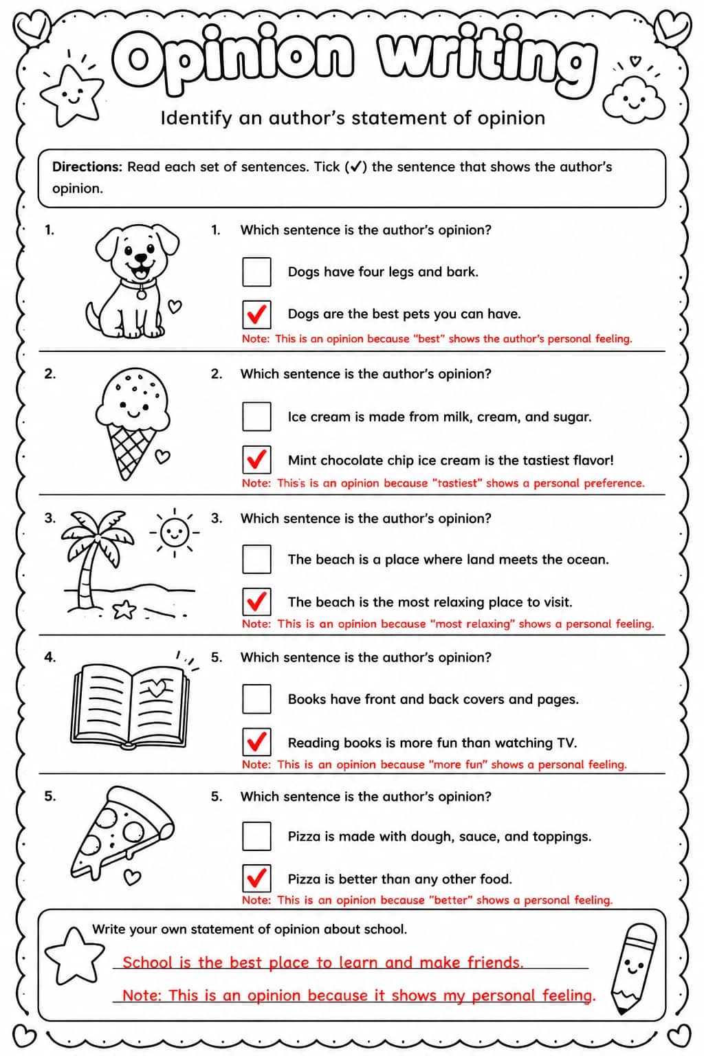 Answer key for Identify an author's statement of opinion — free printable English & Reading worksheet