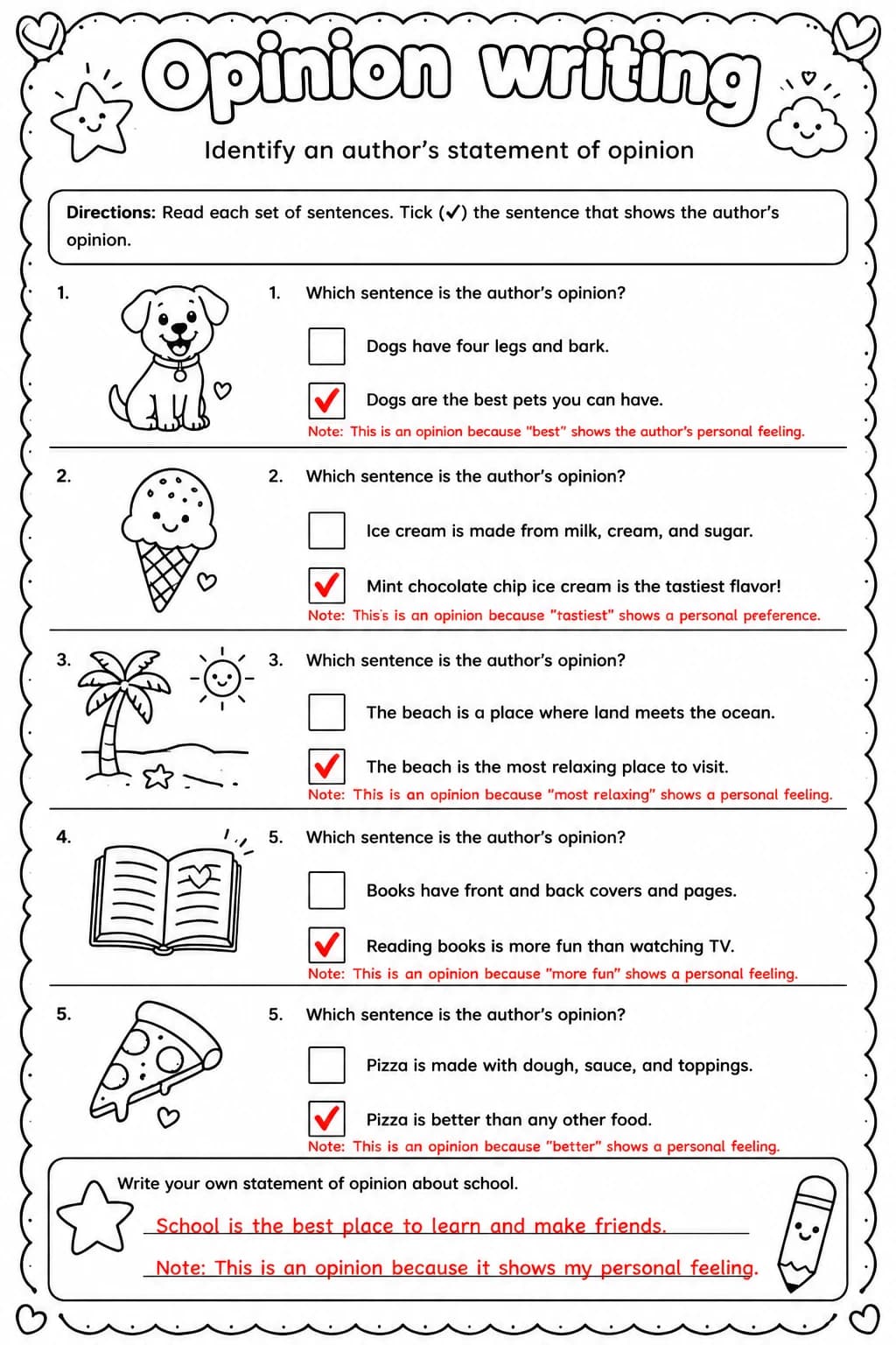 Answer key for Identify an author's statement of opinion — free printable English & Reading worksheet