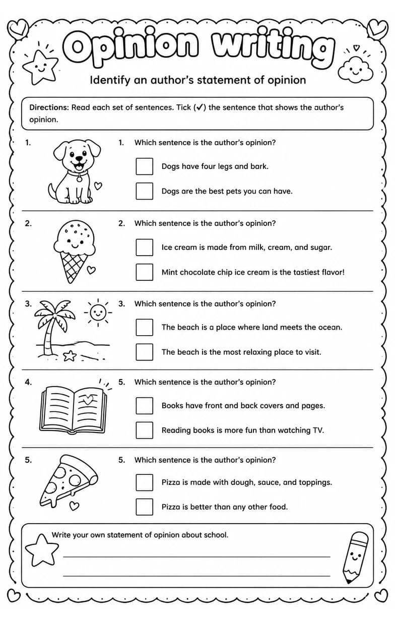 Identify an author's statement of opinion — free printable Writing strategies English worksheet