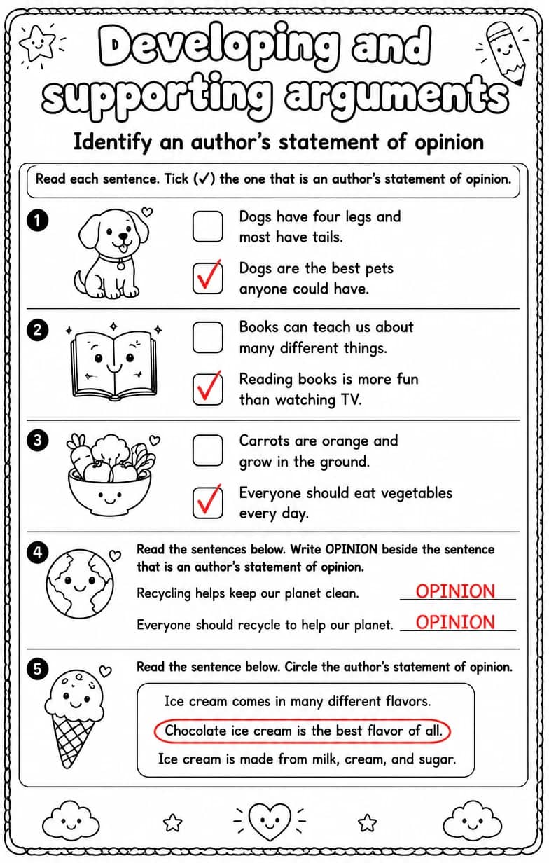 Answer key for Identify an author's statement of opinion — free printable English & Reading worksheet