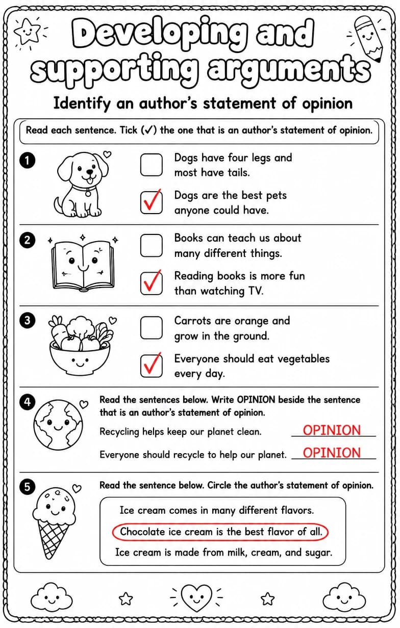 Answer key for Identify an author's statement of opinion — free printable English & Reading worksheet