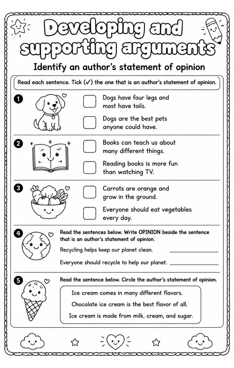 Identify an author's statement of opinion — free printable Writing strategies English worksheet