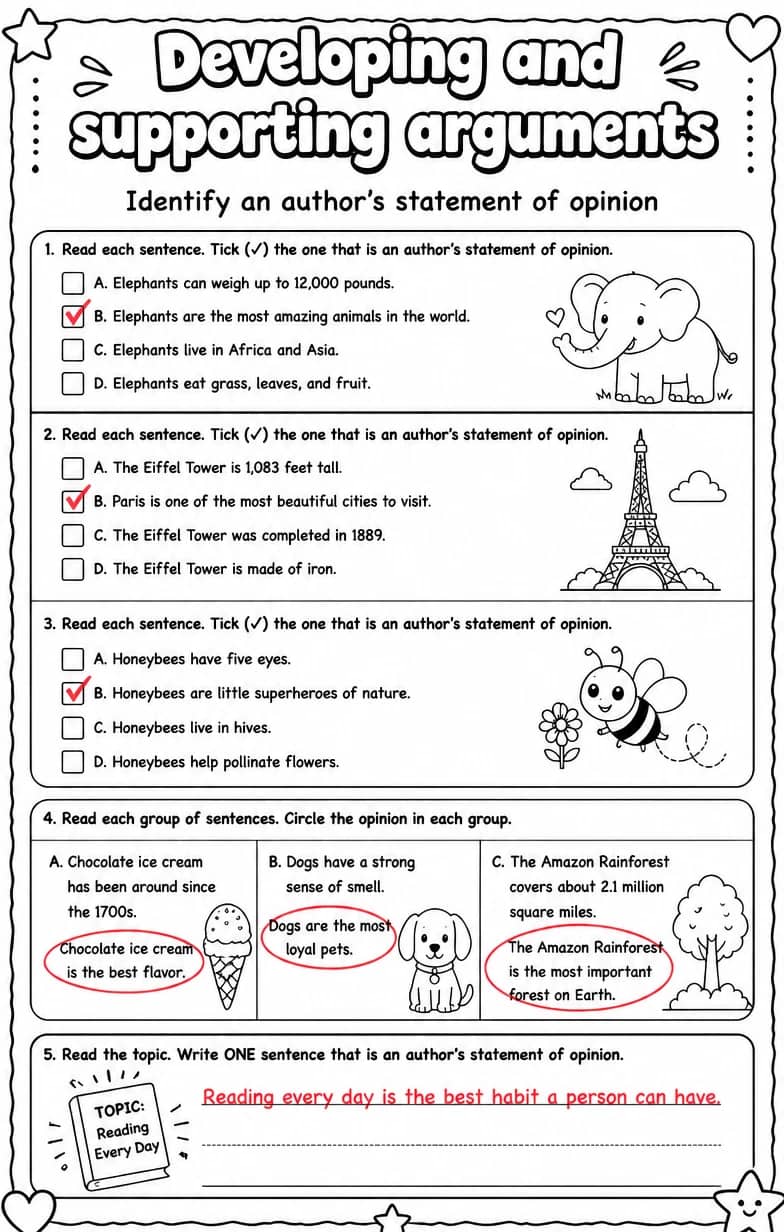 Answer key for Identify an author's statement of opinion — free printable English & Reading worksheet