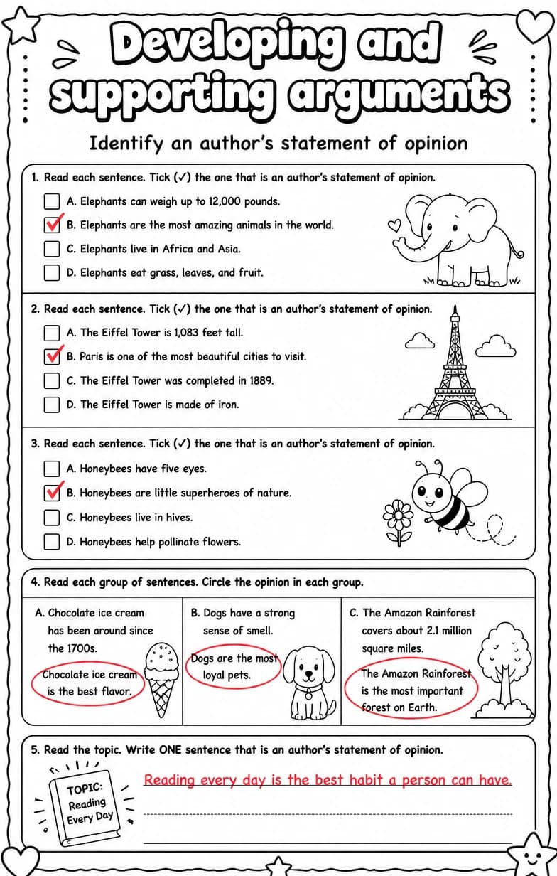Answer key for Identify an author's statement of opinion — free printable English & Reading worksheet