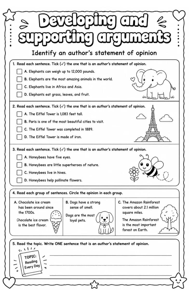 Identify an author's statement of opinion — free printable Writing strategies English worksheet