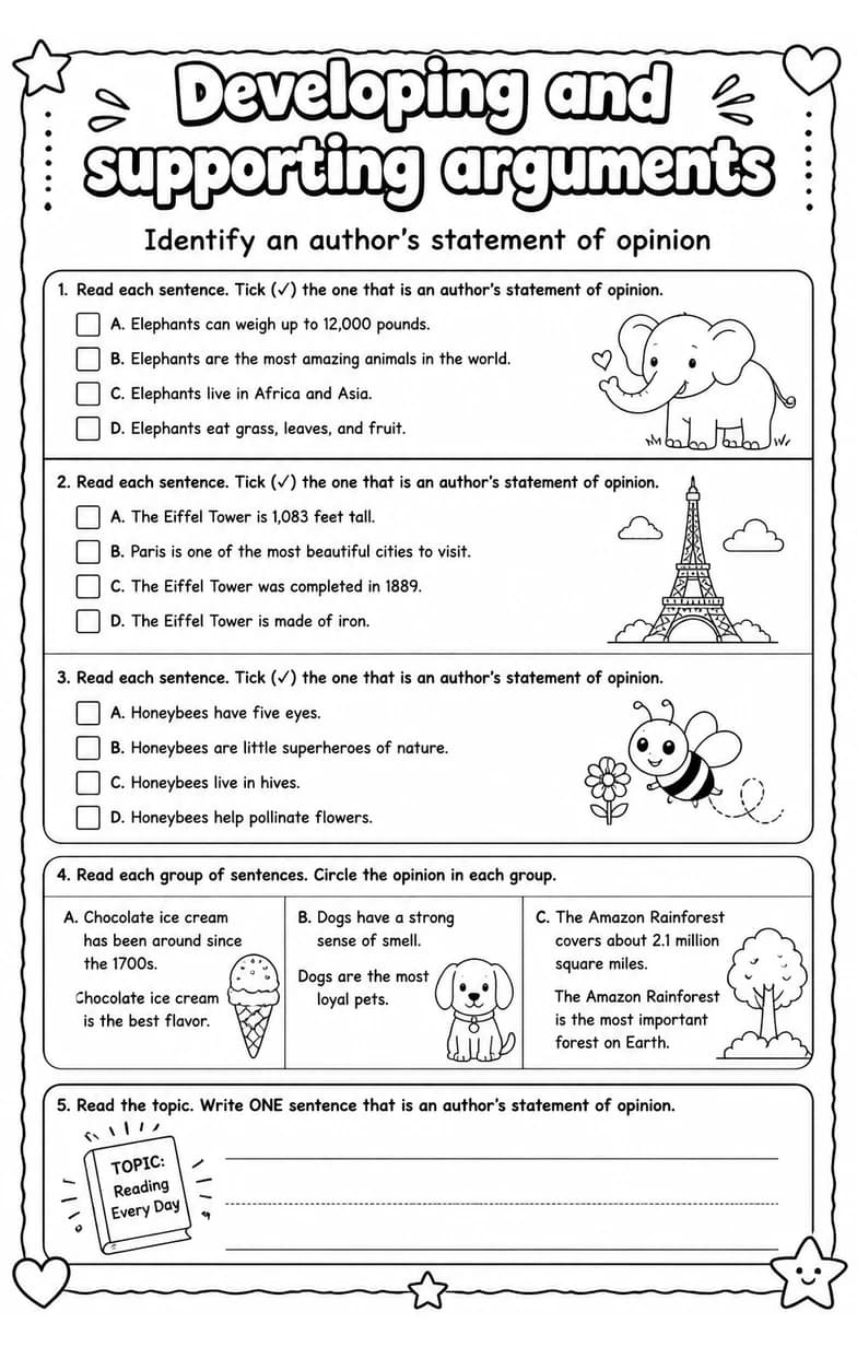 Identify an author's statement of opinion — free printable Grade 5 English & Reading worksheet