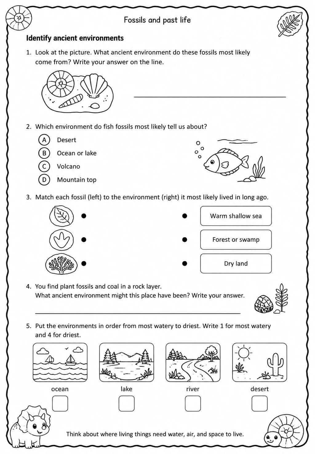 Identify ancient environments — free printable Grade 3 Science worksheet
