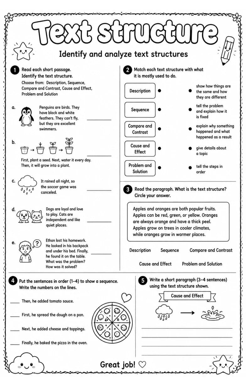 Identify and analyze text structures — free printable Reading strategies English worksheet