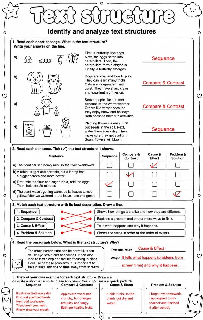 Answer key for Identify and analyze text structures — free printable English & Reading worksheet