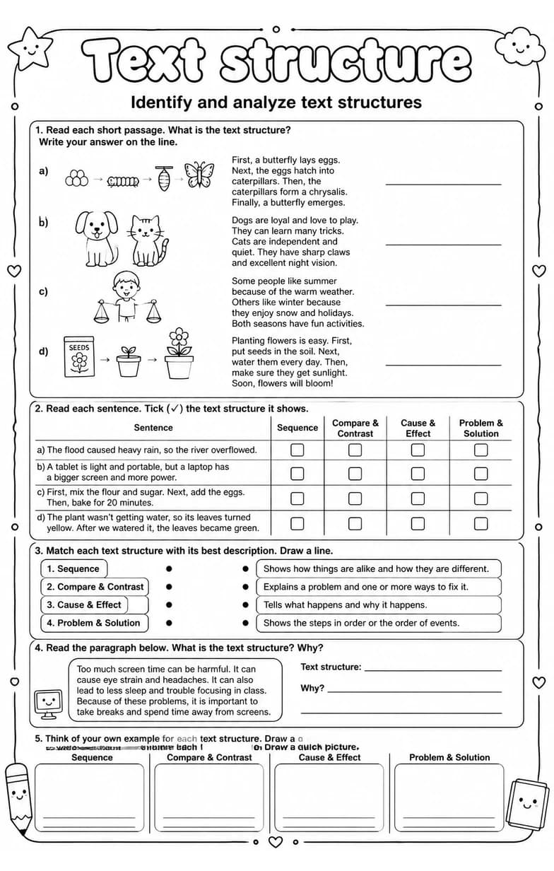 Identify and analyze text structures — free printable Reading strategies English worksheet