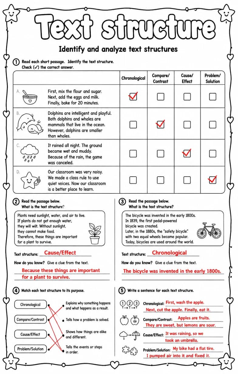 Answer key for Identify and analyze text structures — free printable English & Reading worksheet