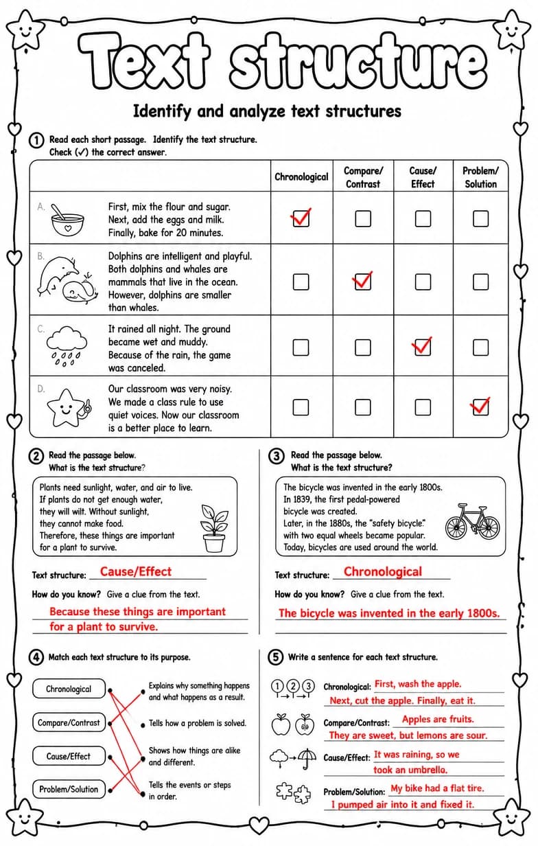 Answer key for Identify and analyze text structures — free printable English & Reading worksheet