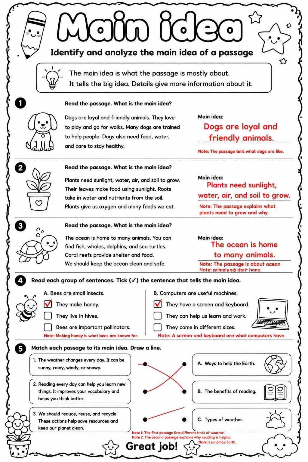 Answer key for Identify and analyze the main idea of a passage — free printable English & Reading worksheet