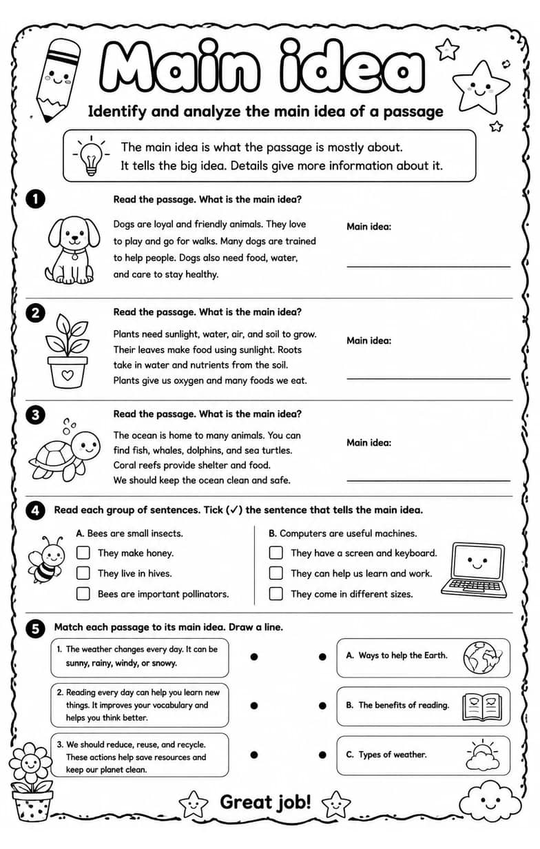 Identify and analyze the main idea of a passage — free printable Reading strategies English worksheet