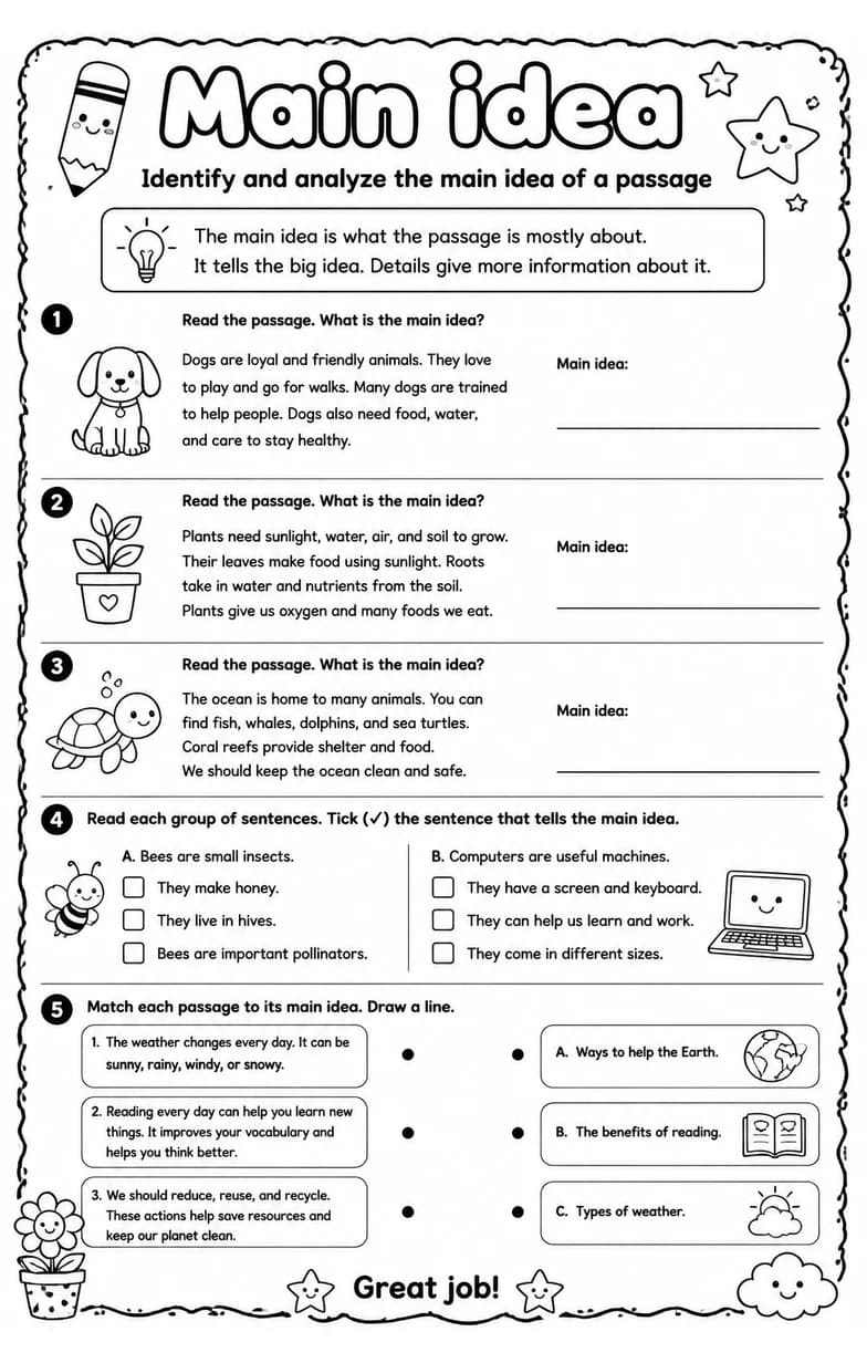 Identify and analyze the main idea of a passage — free printable Reading strategies English worksheet