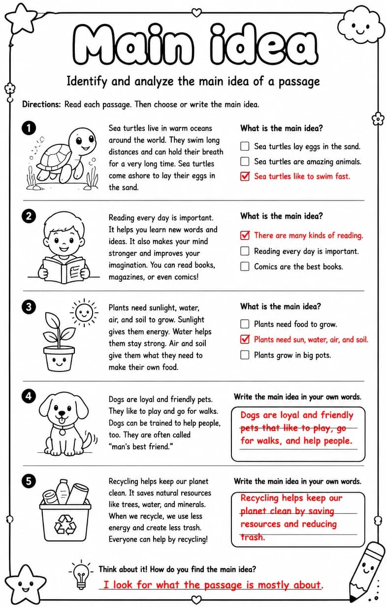 Answer key for Identify and analyze the main idea of a passage — free printable English & Reading worksheet