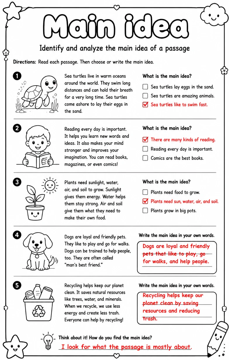 Answer key for Identify and analyze the main idea of a passage — free printable English & Reading worksheet
