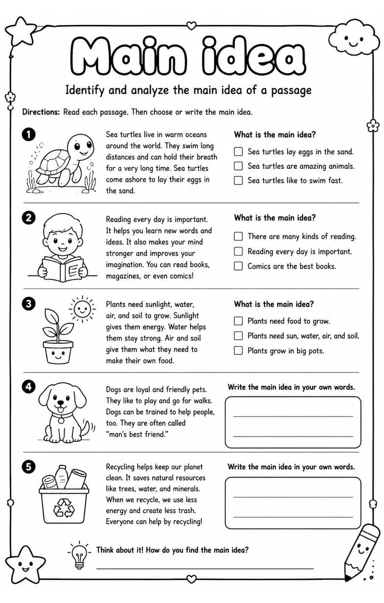 Identify and analyze the main idea of a passage — free printable Grade 4 English & Reading worksheet