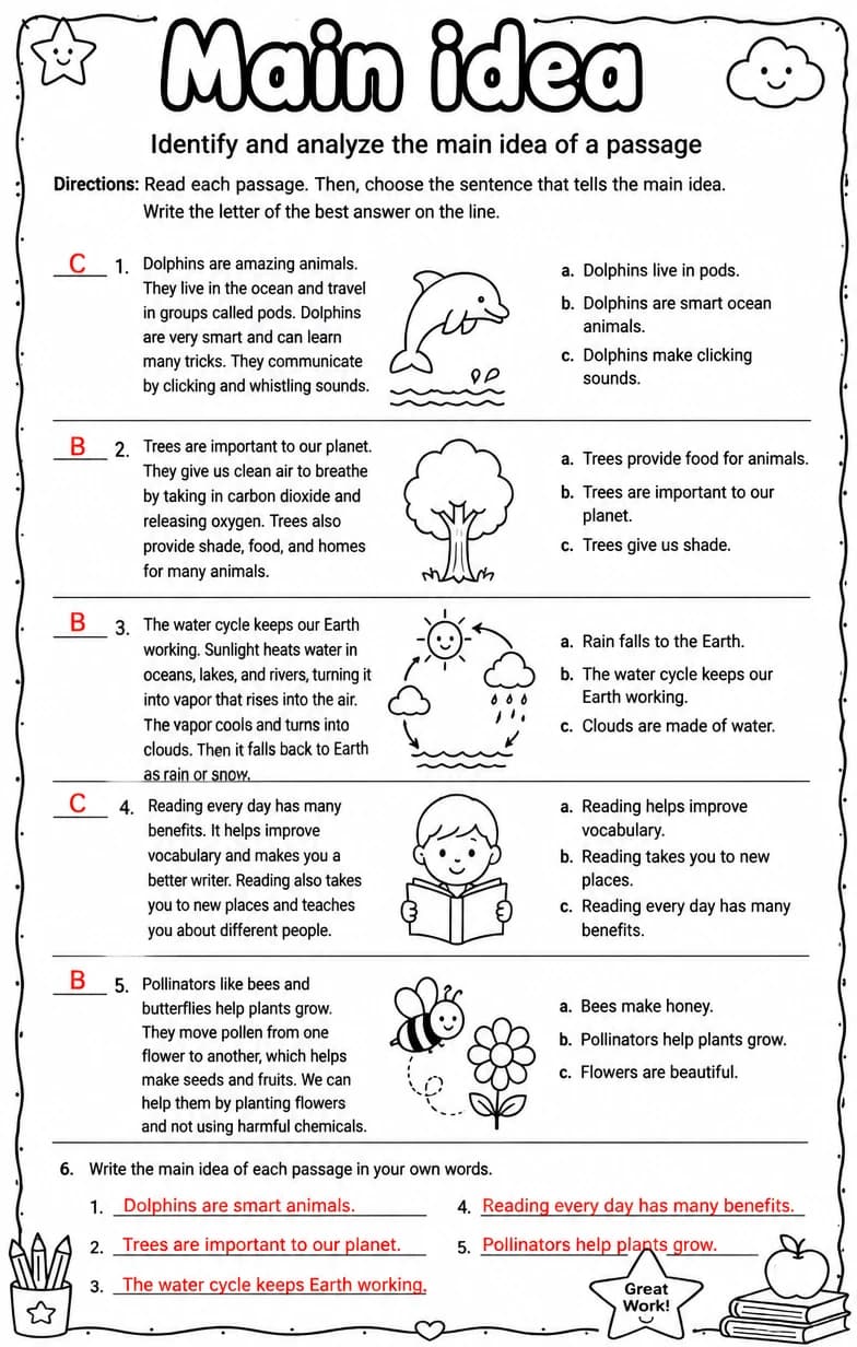 Answer key for Identify and analyze the main idea of a passage — free printable English & Reading worksheet