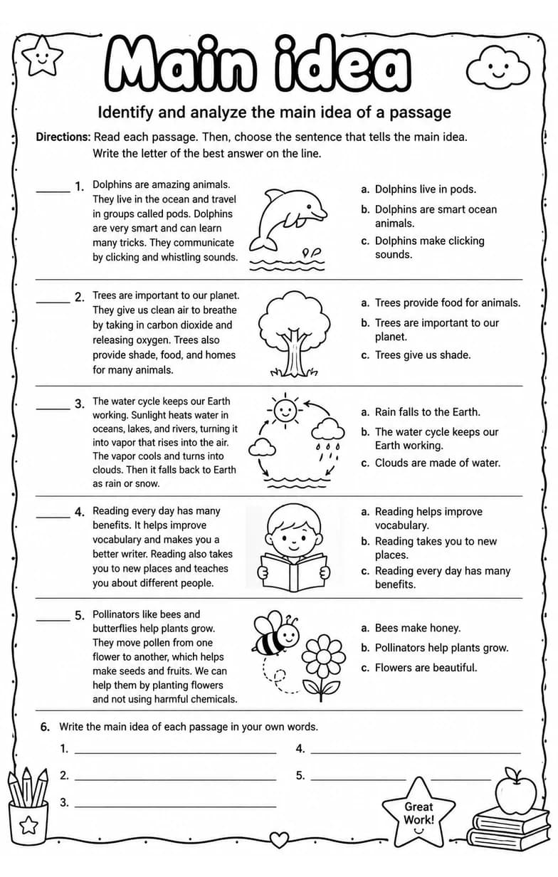 Identify and analyze the main idea of a passage — free printable Reading strategies English worksheet