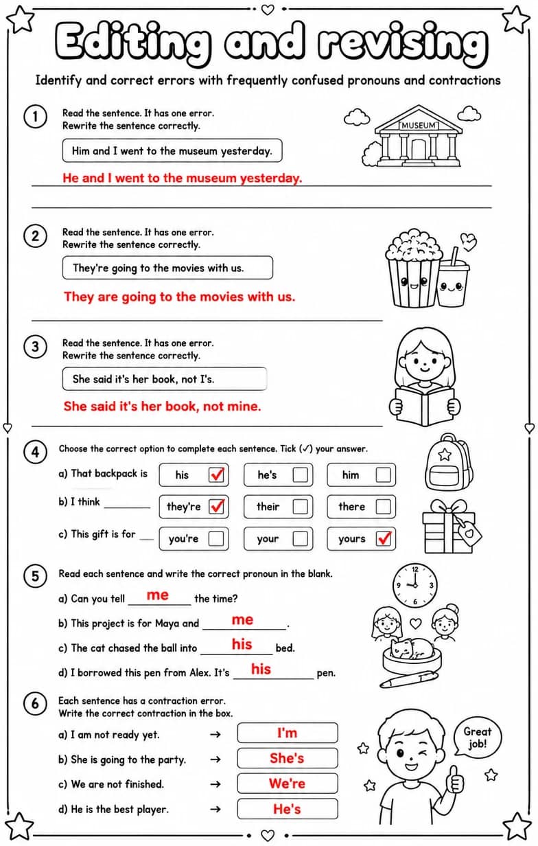Answer key for Identify and correct errors with frequently confused pronouns and contractions — free printable English & Reading worksheet