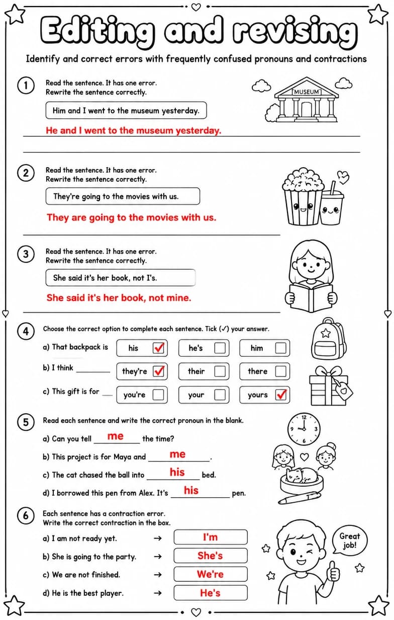 Answer key for Identify and correct errors with frequently confused pronouns and contractions — free printable English & Reading worksheet