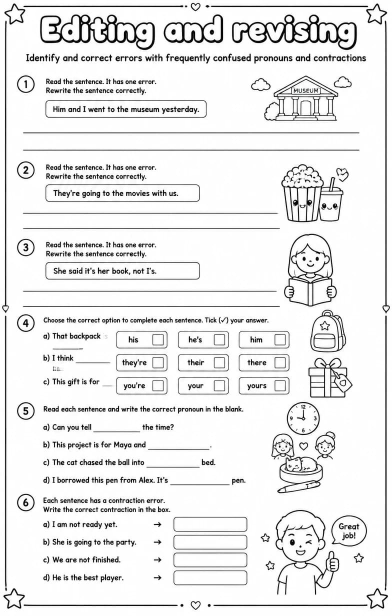 Identify and correct errors with frequently confused pronouns and contractions — free printable Writing strategies English worksheet