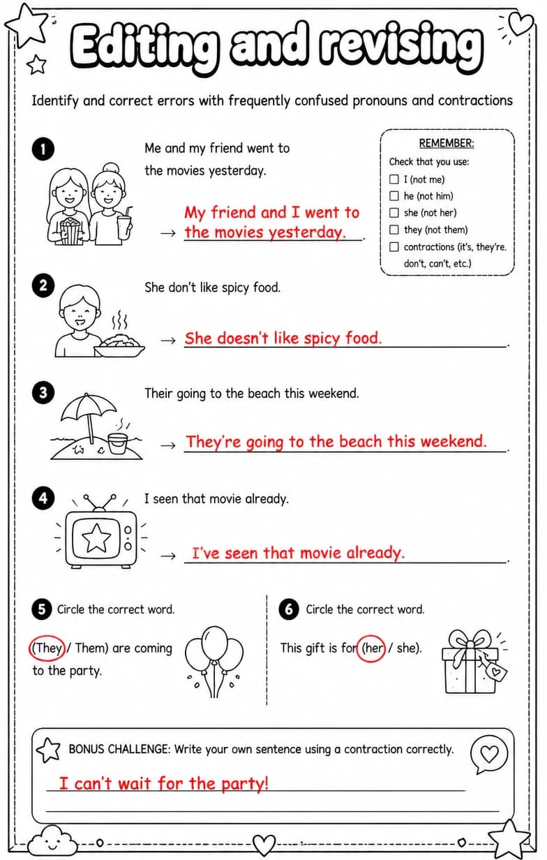 Answer key for Identify and correct errors with frequently confused pronouns and contractions — free printable English & Reading worksheet