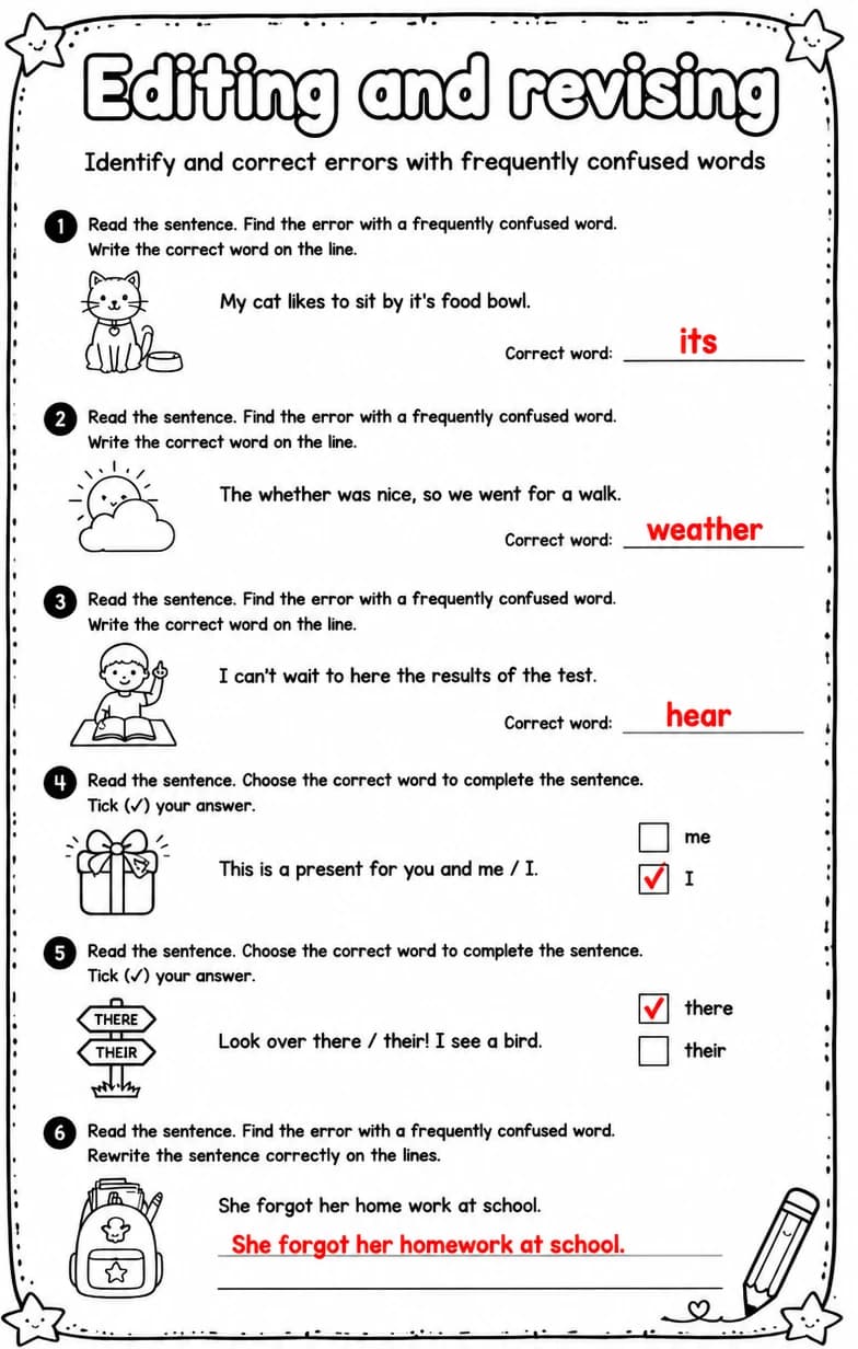 Answer key for Identify and correct errors with frequently confused words — free printable English & Reading worksheet