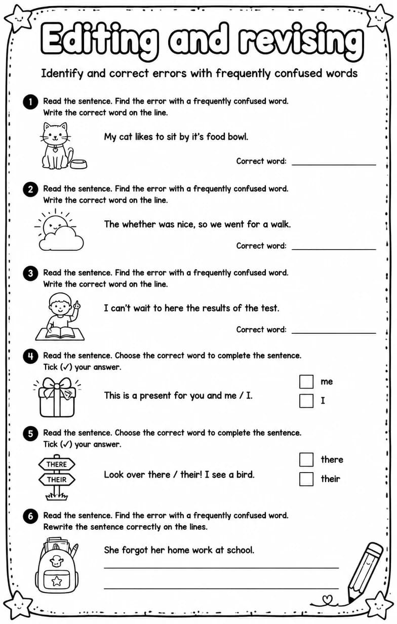 Identify and correct errors with frequently confused words — free printable Writing strategies English worksheet
