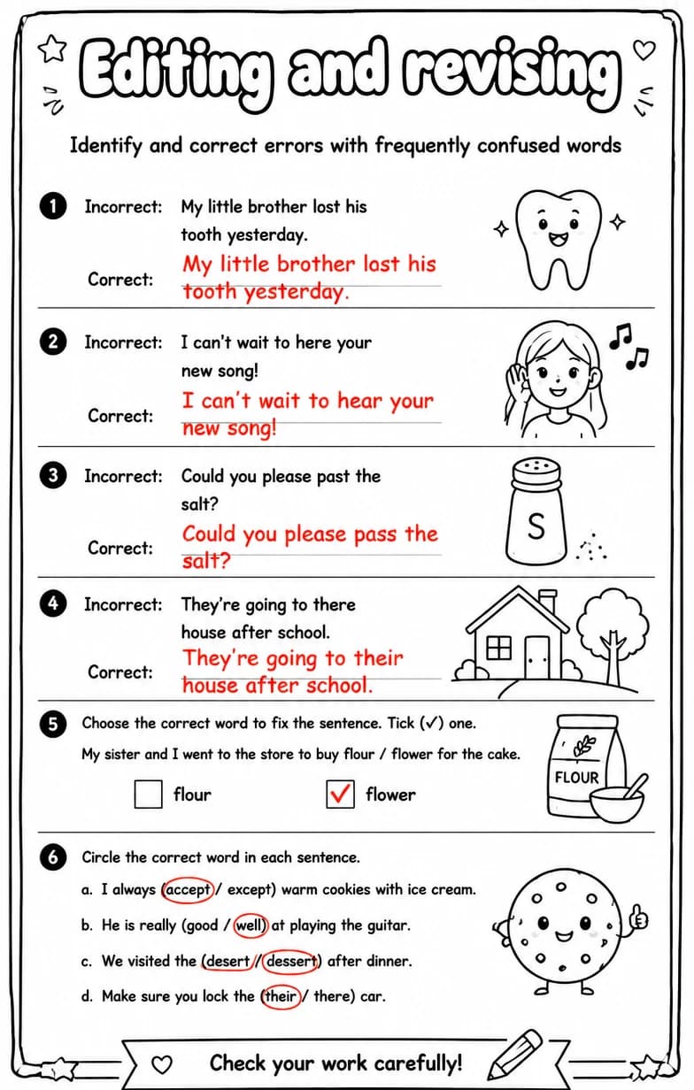 Answer key for Identify and correct errors with frequently confused words — free printable English & Reading worksheet