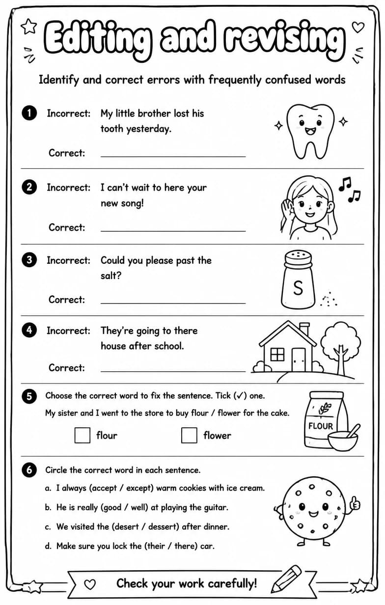 Identify and correct errors with frequently confused words — free printable Writing strategies English worksheet