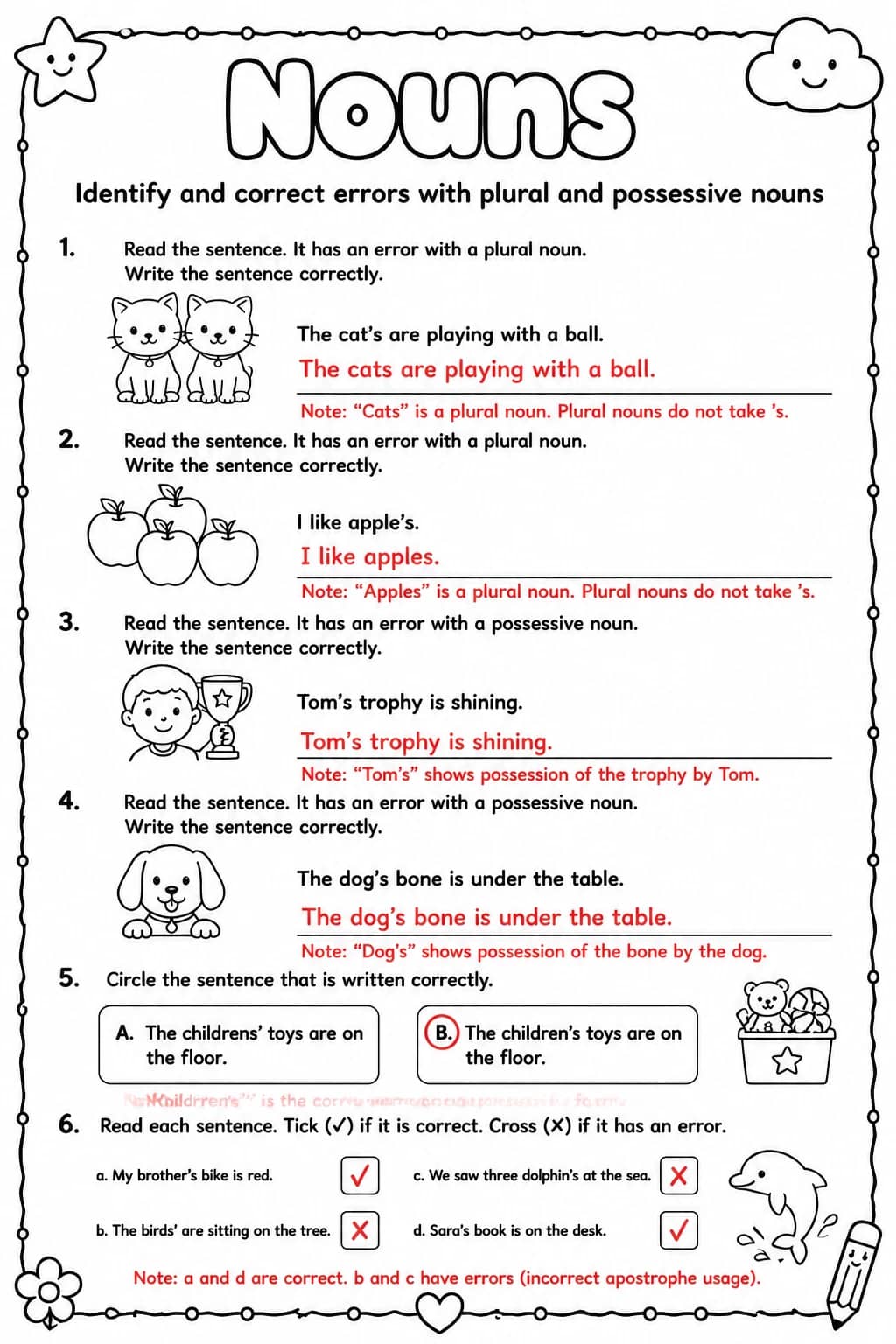 Answer key for Identify and correct errors with plural and possessive nouns — free printable English & Reading worksheet