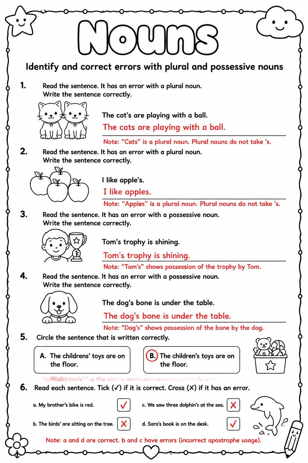 Answer key for Identify and correct errors with plural and possessive nouns — free printable English & Reading worksheet