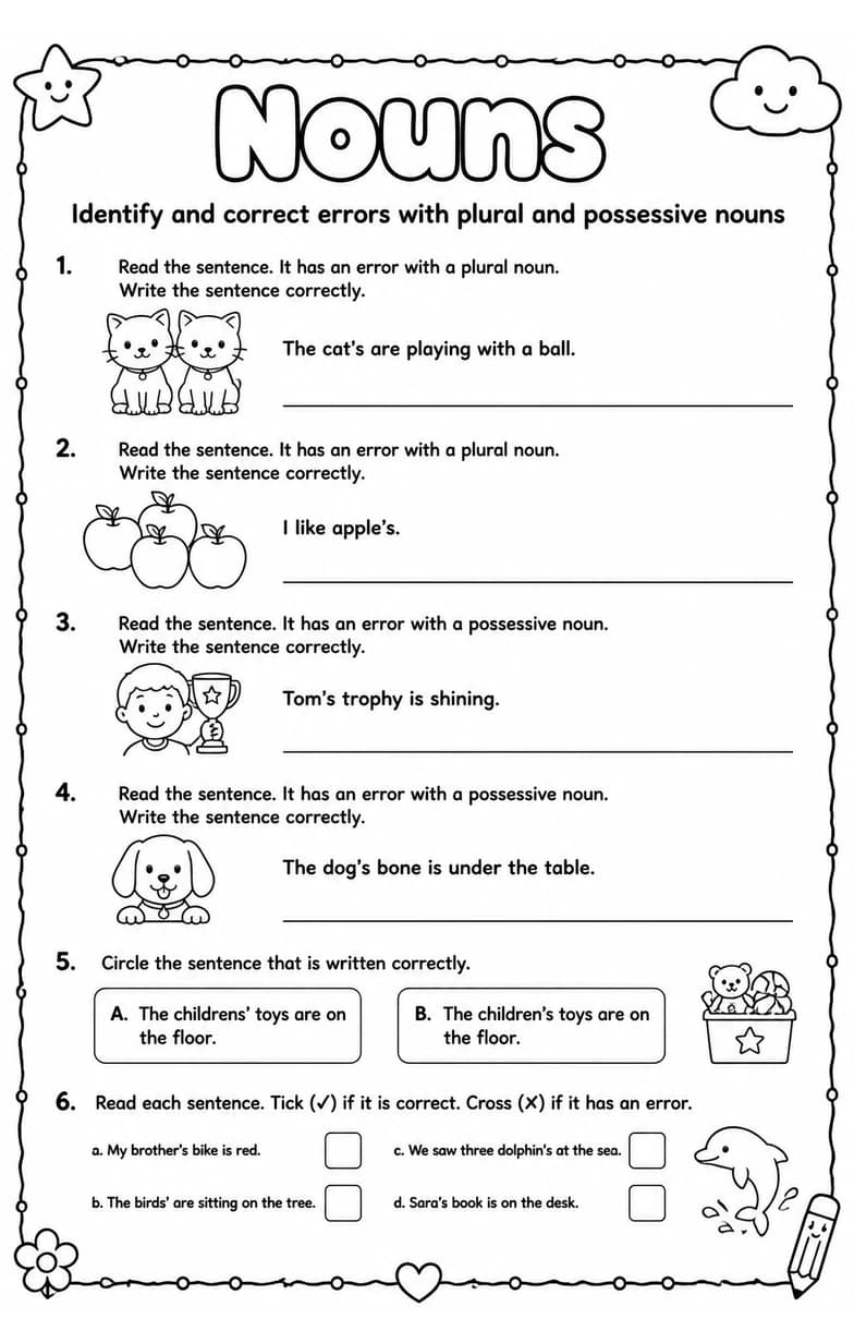 Identify and correct errors with plural and possessive nouns — free printable Grade 2 English & Reading worksheet