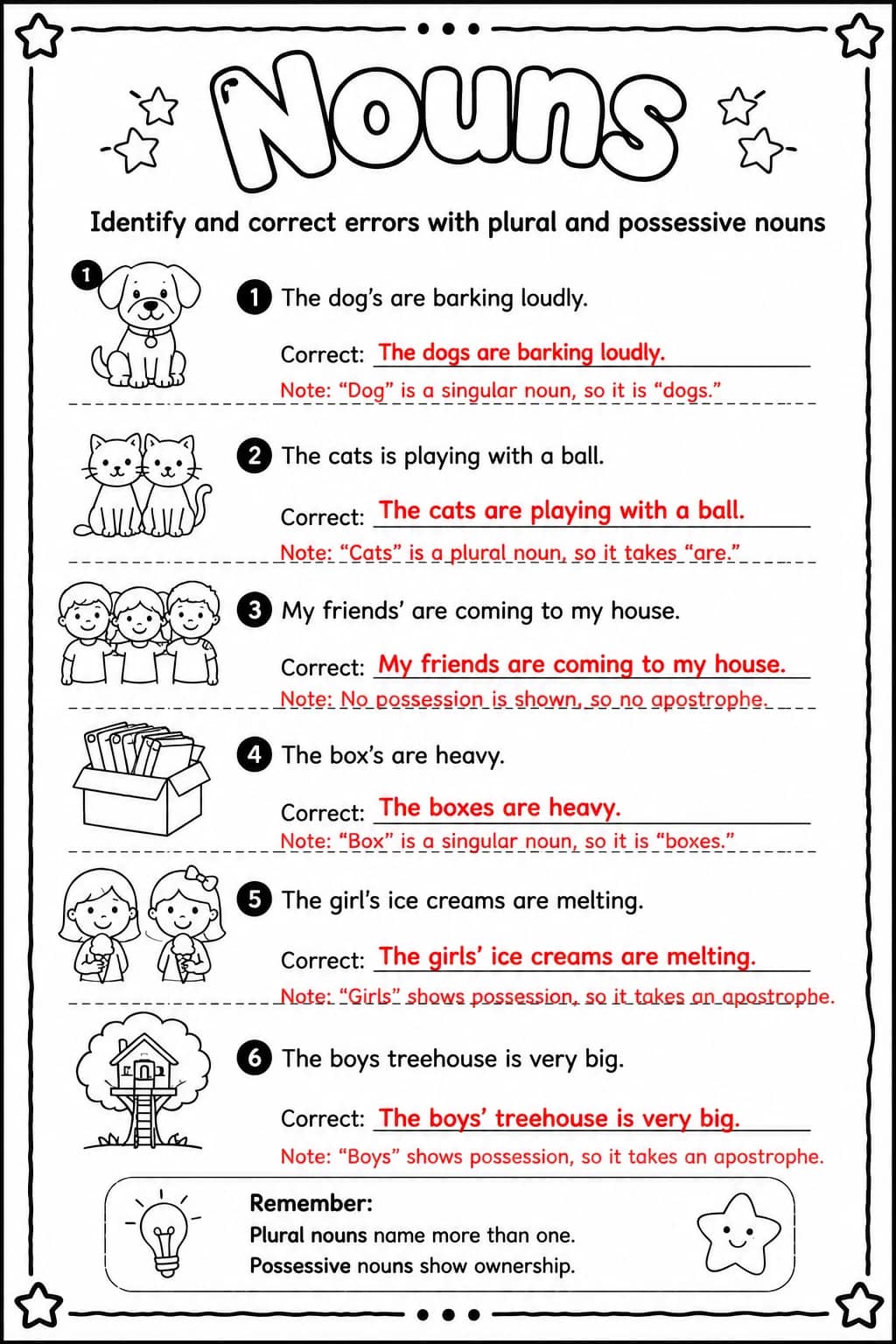 Answer key for Identify and correct errors with plural and possessive nouns — free printable English & Reading worksheet