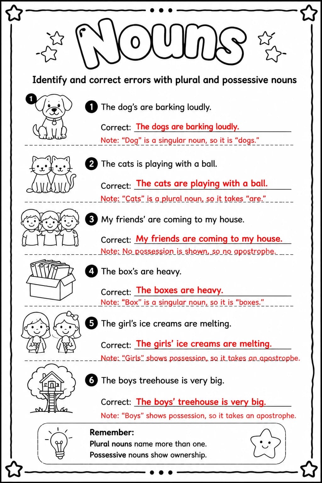 Answer key for Identify and correct errors with plural and possessive nouns — free printable English & Reading worksheet