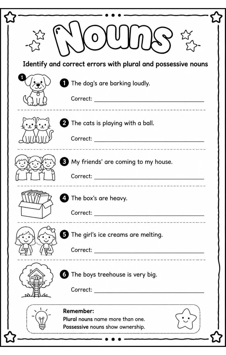 Identify and correct errors with plural and possessive nouns — free printable Grade 3 English & Reading worksheet