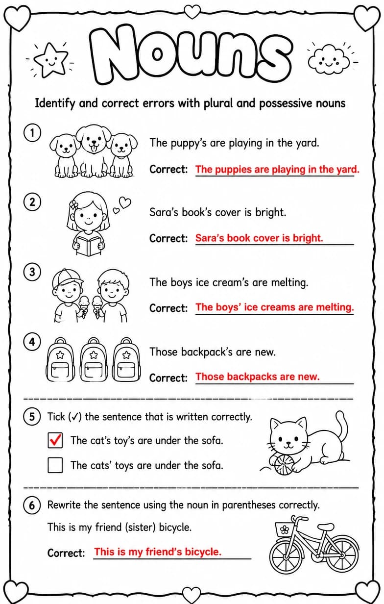 Answer key for Identify and correct errors with plural and possessive nouns — free printable English & Reading worksheet