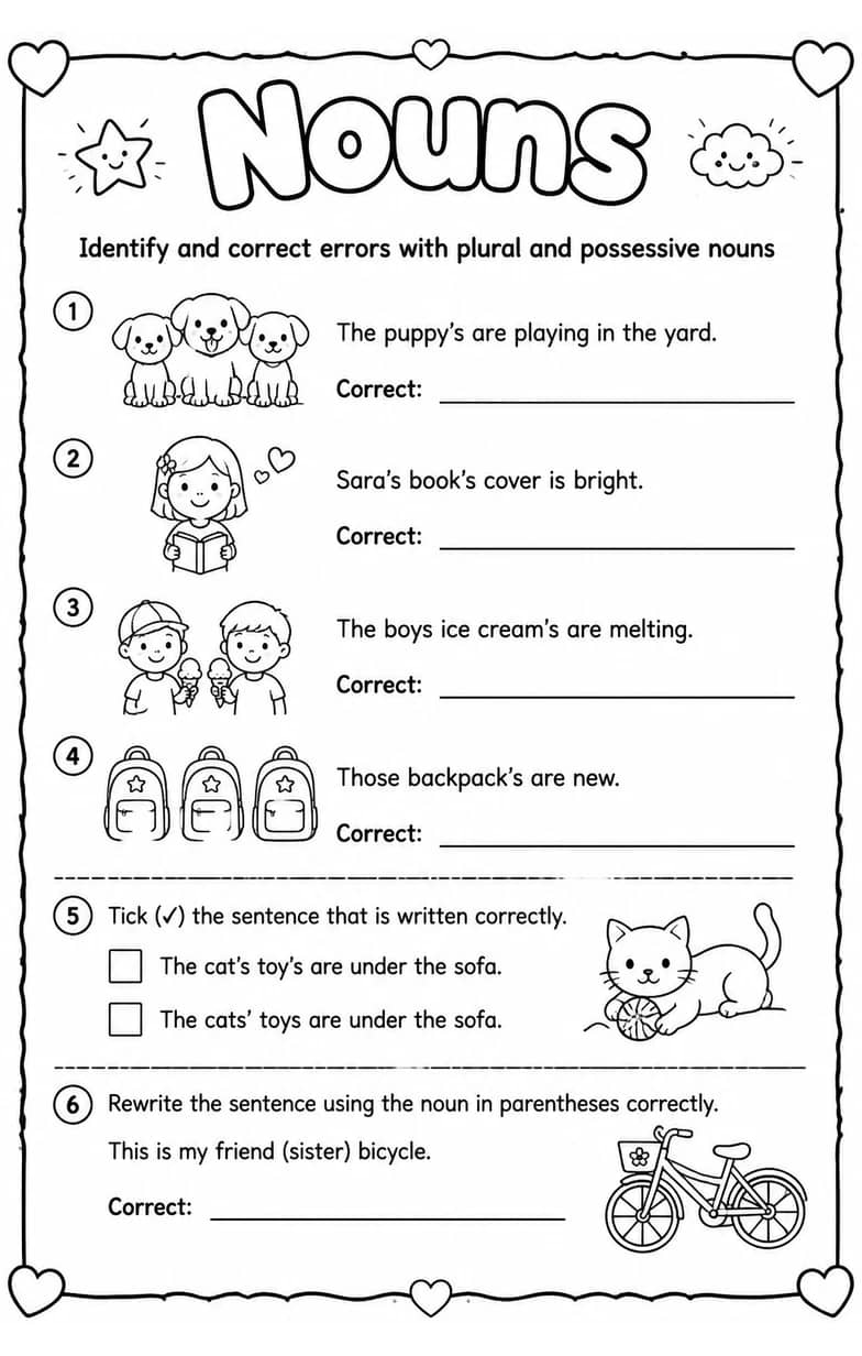 Identify and correct errors with plural and possessive nouns — free printable Grammar and mechanics English worksheet