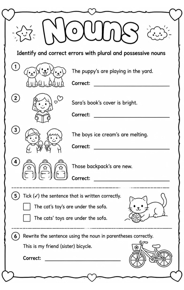 Identify and correct errors with plural and possessive nouns — free printable Grade 4 English & Reading worksheet