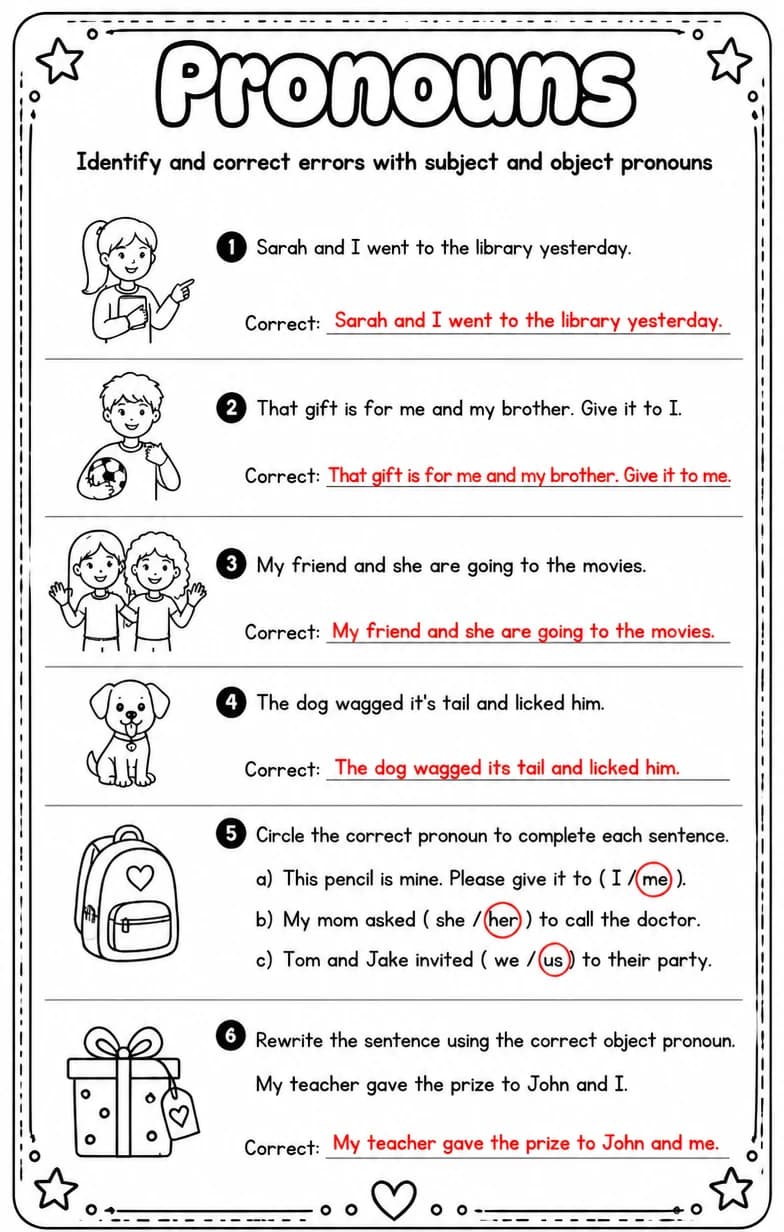 Answer key for Identify and correct errors with subject and object pronouns — free printable English & Reading worksheet