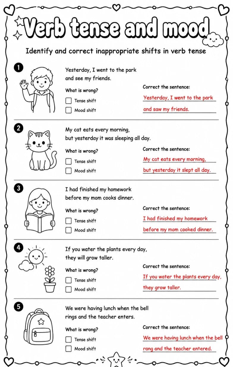Answer key for Identify and correct inappropriate shifts in verb tense — free printable English & Reading worksheet