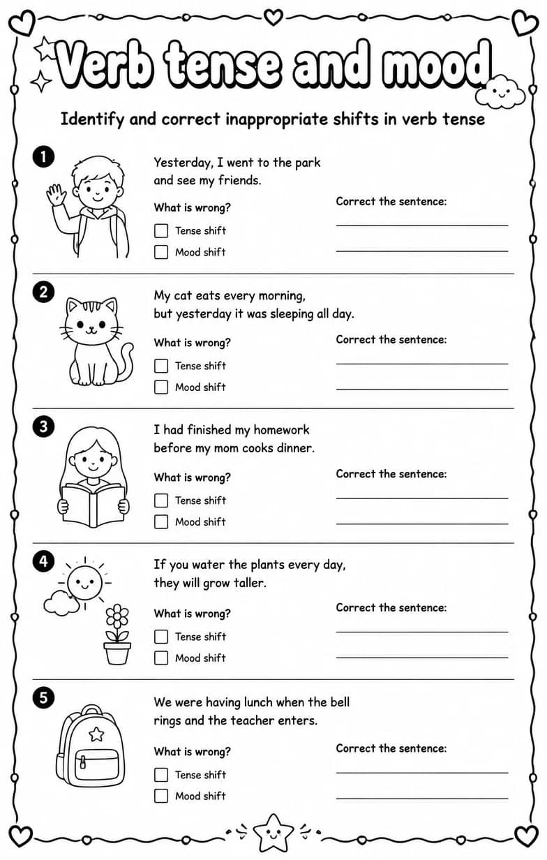 Identify and correct inappropriate shifts in verb tense — free printable Grammar and mechanics English worksheet