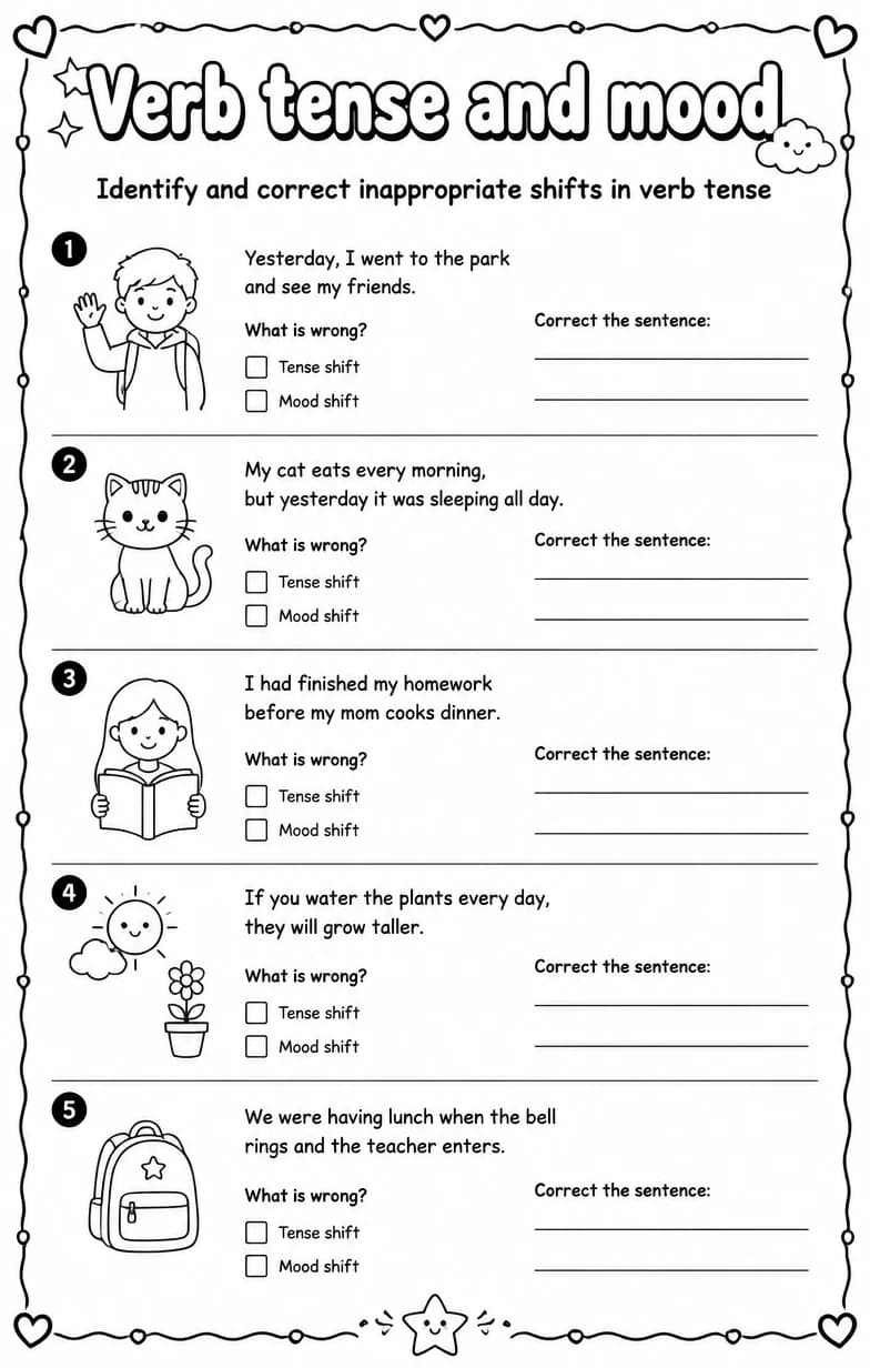 Identify and correct inappropriate shifts in verb tense — free printable Grammar and mechanics English worksheet