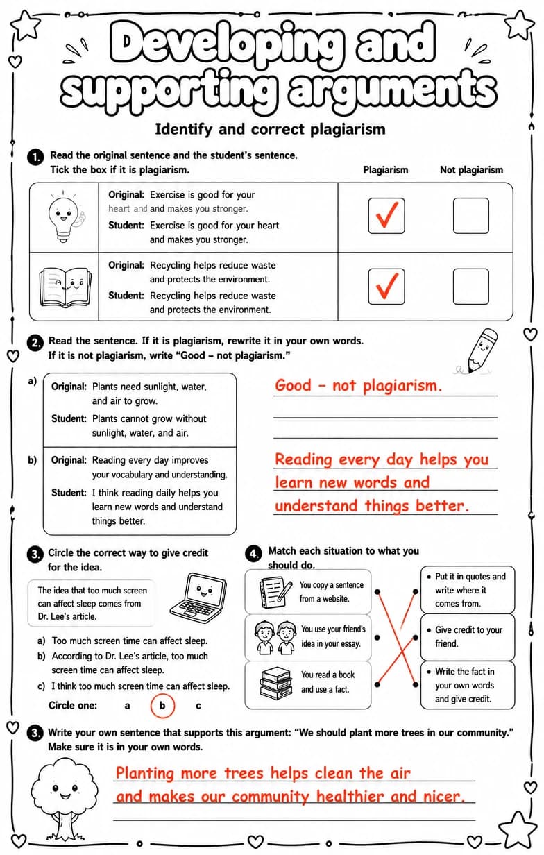 Answer key for Identify and correct plagiarism — free printable English & Reading worksheet