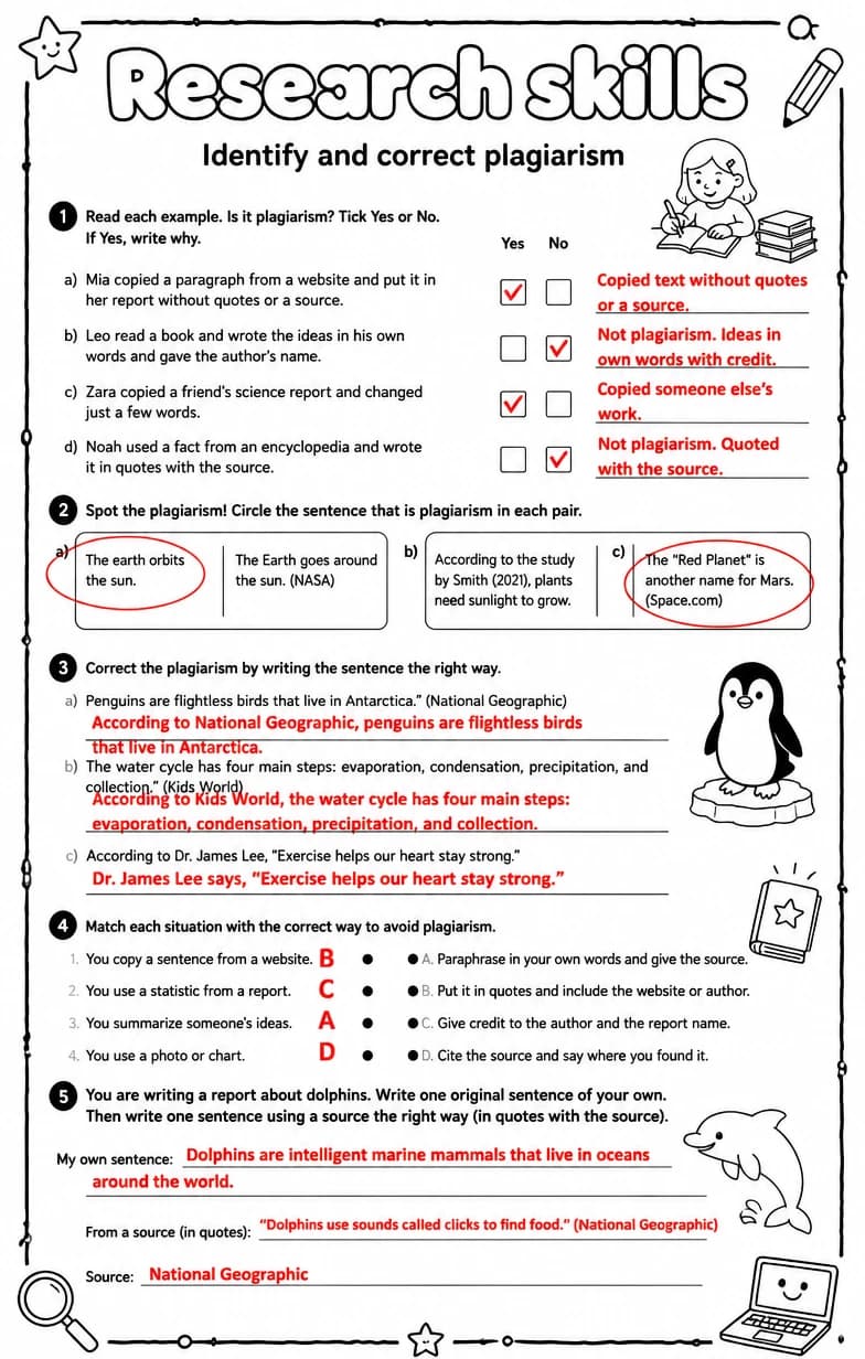 Answer key for Identify and correct plagiarism — free printable English & Reading worksheet