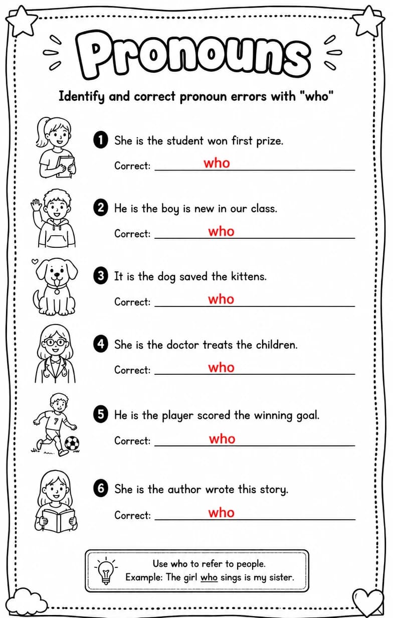 Answer key for Identify and correct pronoun errors with "who" — free printable English & Reading worksheet